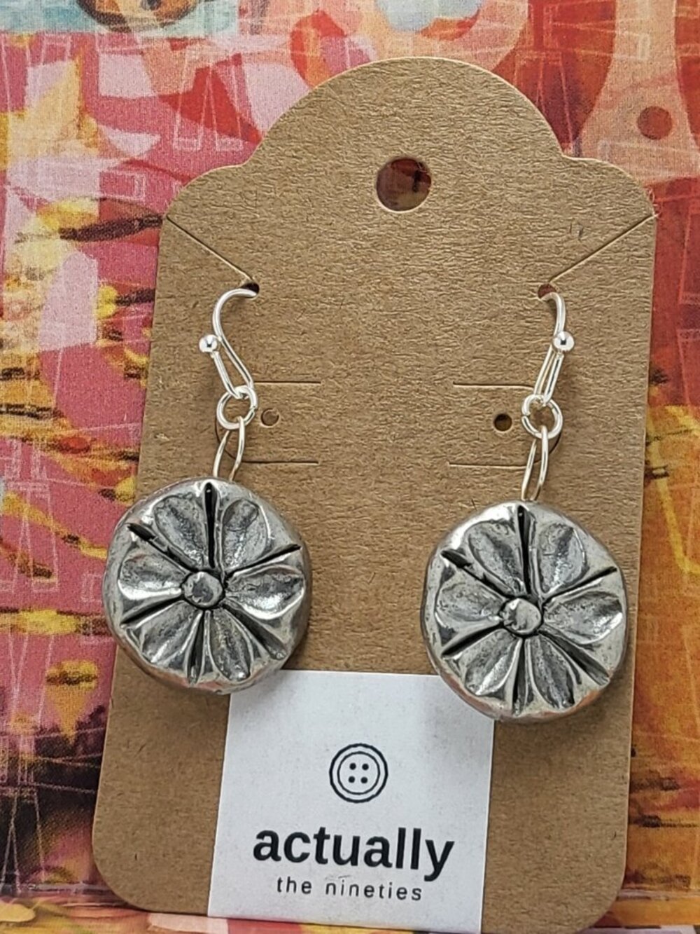 Earrings with vintage Todd Oldham Buttons 90s silver tone